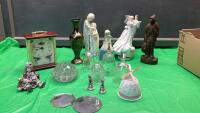 BOX W/ MISC COLLECTIBLES - FIGURINES, BELLS, BRASS BUD VASE
