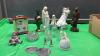 BOX W/ MISC COLLECTIBLES - FIGURINES, BELLS, BRASS BUD VASE