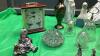 BOX W/ MISC COLLECTIBLES - FIGURINES, BELLS, BRASS BUD VASE - 4