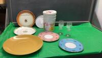 BOX OF WINE GLASSES, (2) COLCLOUGH PLATES, VINTAGE TOFFEE PLASTIC TUBS