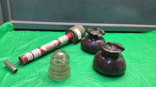 BOX W/ ANTIQUE INSECTICIDE DUSTER, INSULATORS