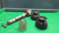 BOX W/ ANTIQUE INSECTICIDE DUSTER, INSULATORS