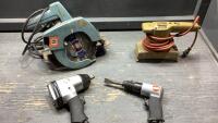 BLACK AND DECKER SANDER, BLACK AND DECKER CIRCULAR SAW AND 2 AIR TOOLS IMPACT/CHISEL
