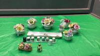 COLLECTION OF PORCELAIN & FINE BONE CHINA FLORAL ARRANGEMENTS & THIMBLE COLLECTION