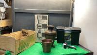 PEAR BOX, METAL VASE ON STAND & SAYING ON CANVAS, FILE BOX W/ FILE FOLDERS, TAPE DISPENSER