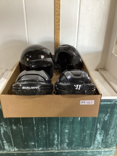 3 HOCKEY HELMETS, 1 MOTORCYCLE HELMET