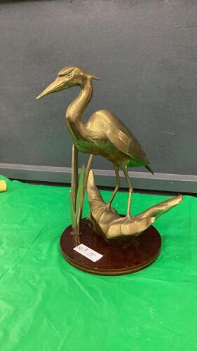 BRASS CRANE ON WOOD BASE