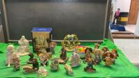 FLAT OF ORNAMENTS - AVON FIGURINES, EASTER EGGS IN BASKET, STOCKING HOLDER, JESUS W/ CHILDREN, BUNNY DECOR