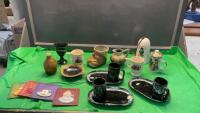 BOX W/ MOSTLY POTTERY ITEMS - VASES, MUGS, LUNCHEON SET, GOBLET