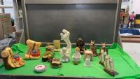 BOX W/ BOOK ENDS, ORNAMENTS, BELL, HONEY JAR