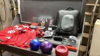 BOX W/AB STRAPS, WEIGHT BALLS, SKIPPING ROPE SPEED BAG SWIVEL, MASSAGER,