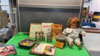 VINTAGE DOLL, CALGARY HISTORY BOOKS, POTTERY PLANTER, (3) OLD BOOKS
