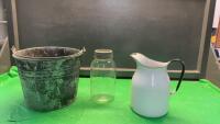 GALVANIZED PAIL, ENAMEL WATER PITCHER, OLD JAR