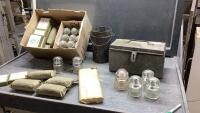 BOX W/INSULATORS, METAL TIN, METAL CONTAINER, R.C.A.M.C. FIRST AID/FIELD DRESSING ITEMS