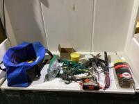 POWERFIST BAG WITH SCREW DRIVERS, NAILS, ROPE, PILERS, KNIFE, TONGS AND MISC