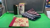 BOX W/ HEATING PAD, (3) COTTON PRINTS, THERMOS, KNIVES