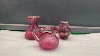 (3) VINTAGE PINK CRANBERRY GLASS VASES & SMALL PITCHER