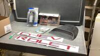 BOX OF VEHICLE ACCESSORIES - TAILGATE INSERT, LICENSE PLATE FRAME