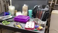 BOX W/ PLASTIC STORAGE CONTAINERS, PAPER SANDWICH BAGS, BBQ TOOLS,APPLE CORER,