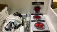 BOX WITH LED RED TURN/STOP/TAIL LIGHTS, AM/FM ANTENNA, RESPIRATOR FACEPIECE AND MISC