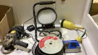 BOX WITH MASTERCRAFT GRINDER, PORTABLE FLOODLIGHT, UNDERGROUND & HOOK-UP WIRE, PIGTAIL ADAPTER, 12V BACKUP ALARM AND MISC