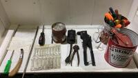 BOX OF SMALL WRENCH SET, POP RIVETS, RIVETS, SCREWDRIVERS, PILERS, TIMER CORD, PULLEYS AND MISC
