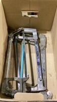 BOX OF SOCKET WRENCHES SETS, HACK SAWS AND DRILL BIT SET