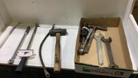 BOX OF WRENCHES, HAMMER, DRILL BITS, TORQUE WRENCH AND MISC