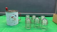 (6) INSULATORS & VINTAGE FLOUR SIFTER