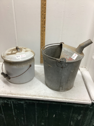 TIN OIL PAIL. PEE POT WITH LID