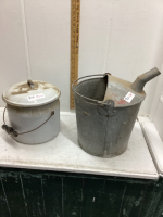 TIN OIL PAIL. PEE POT WITH LID