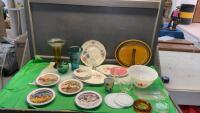 MISC COLLECTIBLE PLATES, GLASS VASES, GLASS APPLE