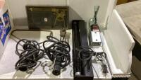 BOX WITH FLUORESCENT LIGHT, TOW PRO TONGUE 2" BALL 1-1\3", ELECTRIC DE-HORNER, TWINE CUTTER, SYRINGE GUN AND MISC