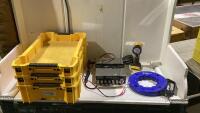 CHROME 29LTD RADIO, 20V MAX DELWALT FLASHLIGHT, POWERFIST 50 FT LED LIGHTED END FIST TAPE AND 3 DEWALT TOOL TRAYS