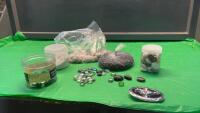 BOX W/ POLISHED ROCKS, FORD BELT BUCKLE, GLASS STONES