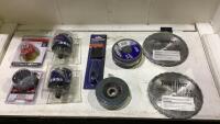 BOX OF SAW BLADES, CARBIDE HOLE SAW, GRIND WHEELS AND. MISC