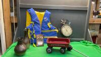 ADULT LIFE JACKET, LITTLE RED WAGON, METAL CLOCK, VASES
