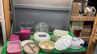 BOX OF PLASTICWARE & (2) GLASS PLATTERS