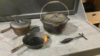 WOODS CAST IRON POTS/PANS IN WOOD CRATE