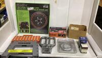 ASSORTED BOX WITH STOOL, BRAKE LIGHT, HOUR METER AND MISC