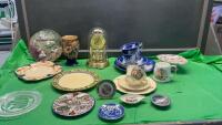 GOOD LIDDED TOTE W/ VINTAGE ITEMS - BLUE DISH SET, ROYALTY DISHES, COLLECTIBLE PLATES, ANNIVERSARY CLOCK