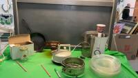 (7) GLASS PIE PLATES, KETTLE, HAMILTON JUICER, DISPLAY DISH
