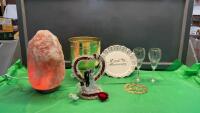 (2) BOXES W/ LARGE SALT LAMP, 50TH ANNIVERSARY PLATE & WINE GLASSES + ICE BUCKET