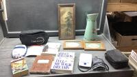 (2)FLATS - VINTAGE FRAMED PICTURES, BOOKS , BLOOD PRESSURE TESTER, LIGHT RELIEF UNIT