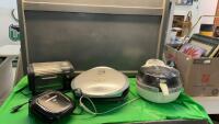 (4) SMALL APPLIANCES - HOTDOG COOKER, (2) GEORGE FOREMAN GRILLS, T-FAL ACTI-FRY