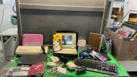 BOX OF OFFICE SUPPLIES - LAMINATOR, KEYBOARD, TOSHIBA BLU RAY PLAYER, VINTAGE COMPAK LAPTOP