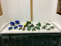 COLLECTION OF TOY DIE CAST JD TRACTORS, IMPLEMENTS, J&M WAGONS