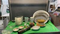 MISC KITCHEN ITEMS - BANANA BOAT BOWLS, PLATTERS, BOWLS, MISC PLATES, LIDDED POTTERY BOWL