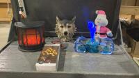BOX W/WOLF HEAD WALL DECOR, DOLPHIN ITEMS, SMALL FIREPLACE, ROSE LED TREE LAMP
