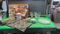 HOUSEHOLD & KITCHEN ITEMS - ANIMAL PRINT TABLE RUNNER & PLACEMATS, GLASSWARE, PLATTER ETC